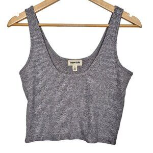 Open Edit U-Neck Ribbed Crop Top Stretchy Knitted Sleeveless Gray Women Large‎